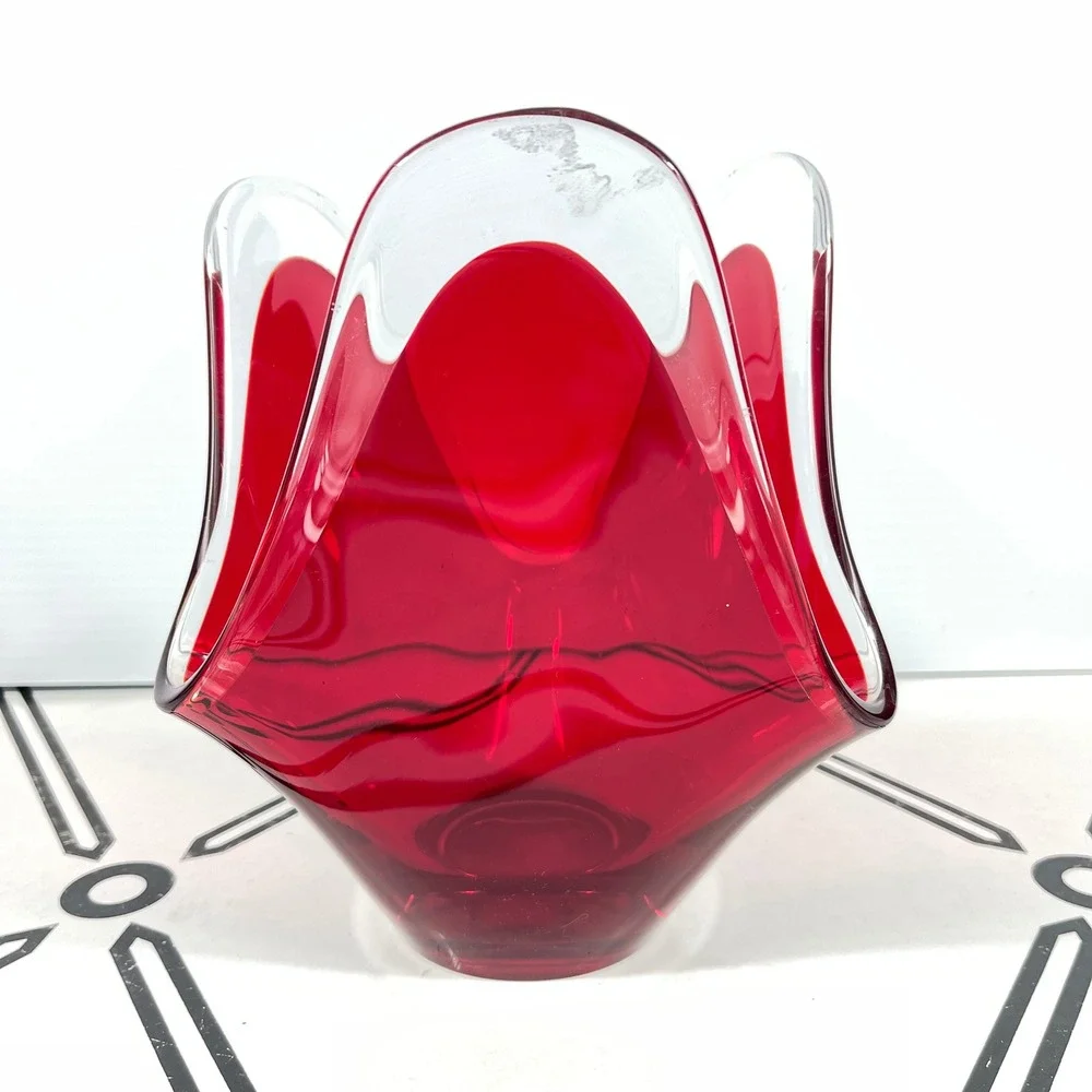 VTG‎ Murano Style Ruby Red Handkerchief Art Glass Vase Mid-Century Modern 7.25